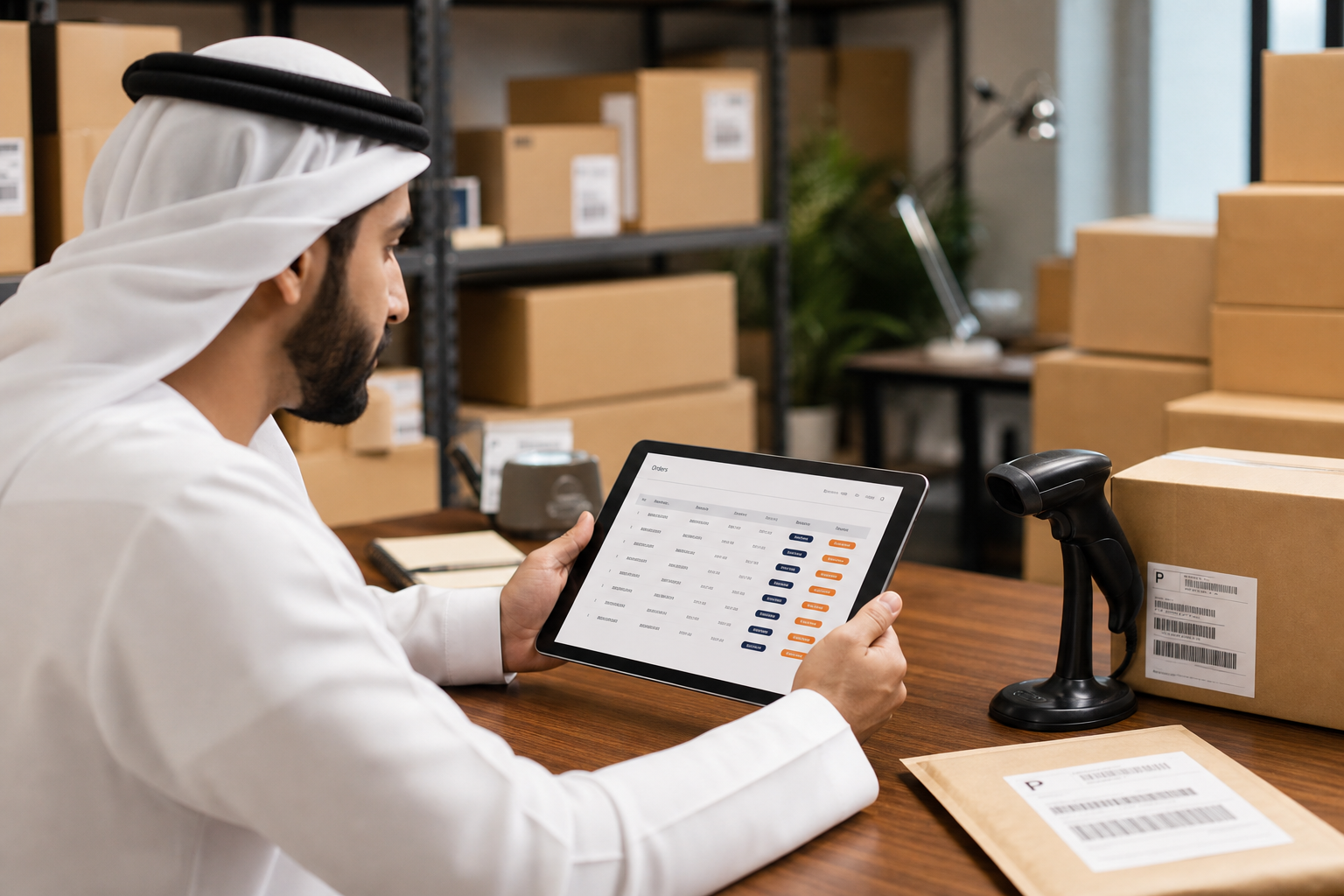 تاجر يدير الطلبات من جهاز لوحي بجانب الطرود